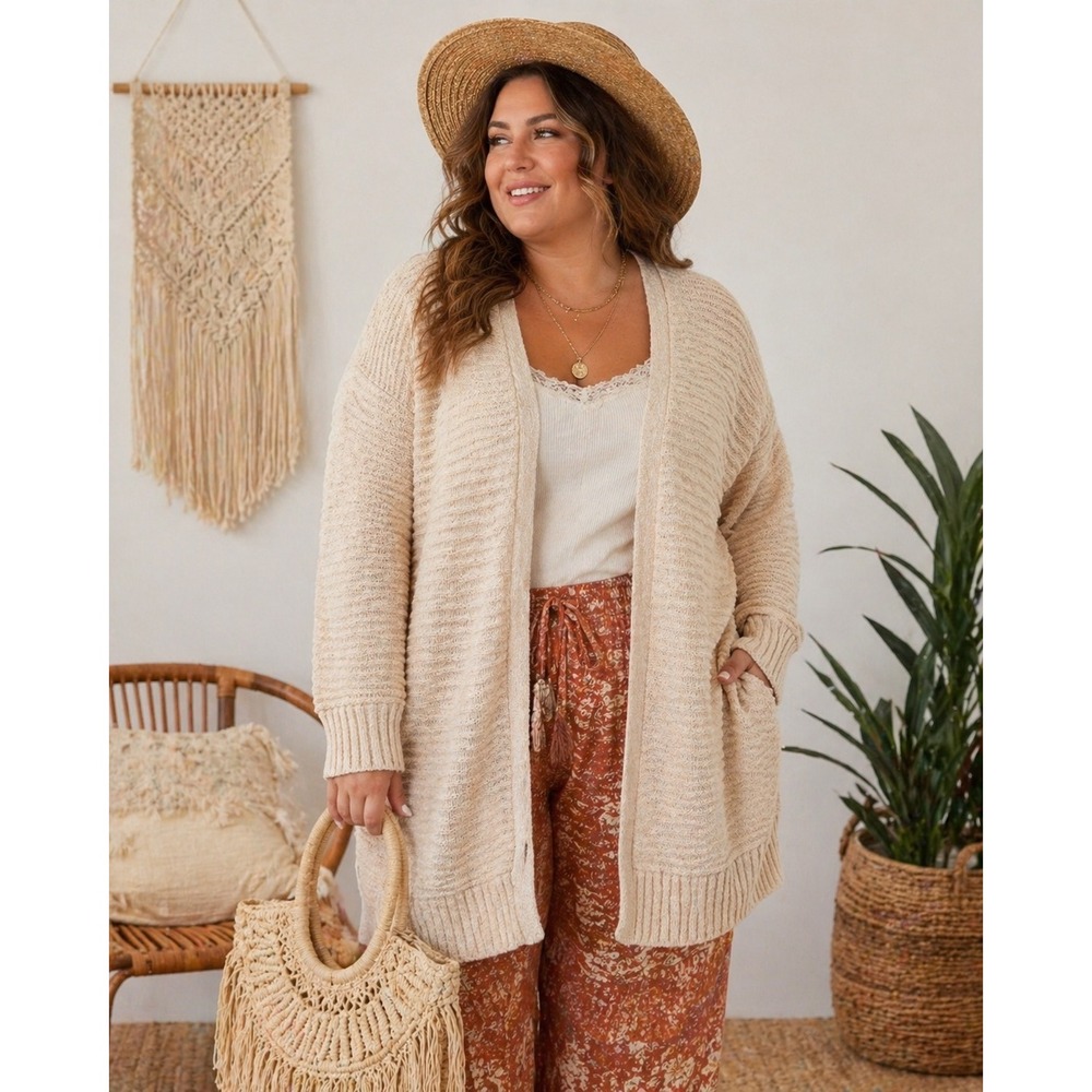 Boho Cottagecore LL Bean Ivory Chunky Knit OpenFront Cotton 1X Cardigan Sweater